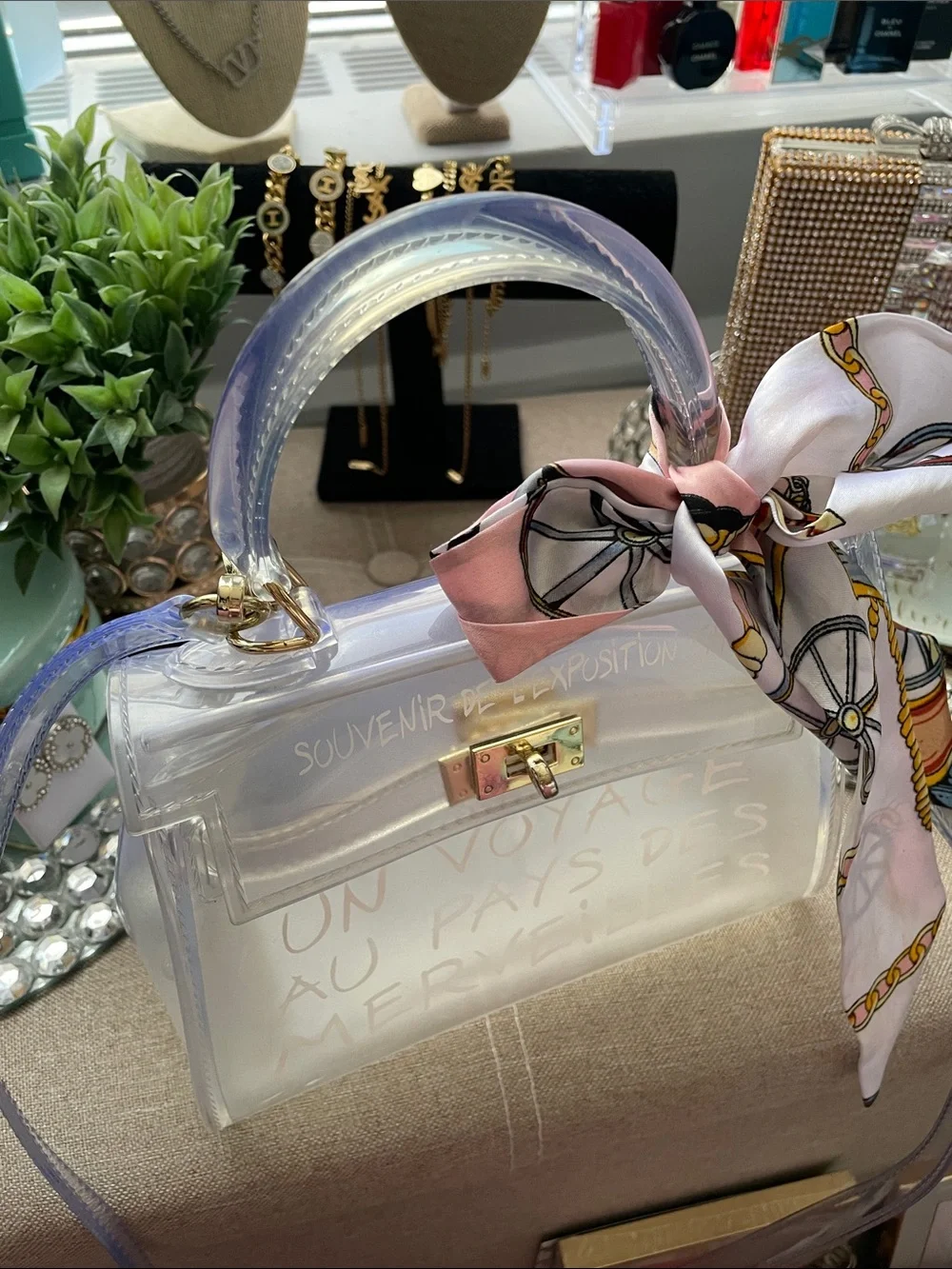 ✨Vintage Clear Satin-Look Handbag with Pink Scarf Accent✨Preloved